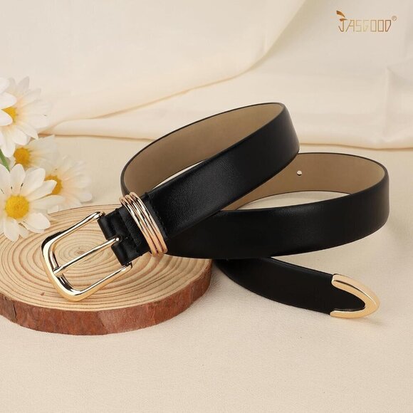 Women  Black Leather Belt Gold Buckle Ladies Leather Waist Belt for Jeans Pants main image 5